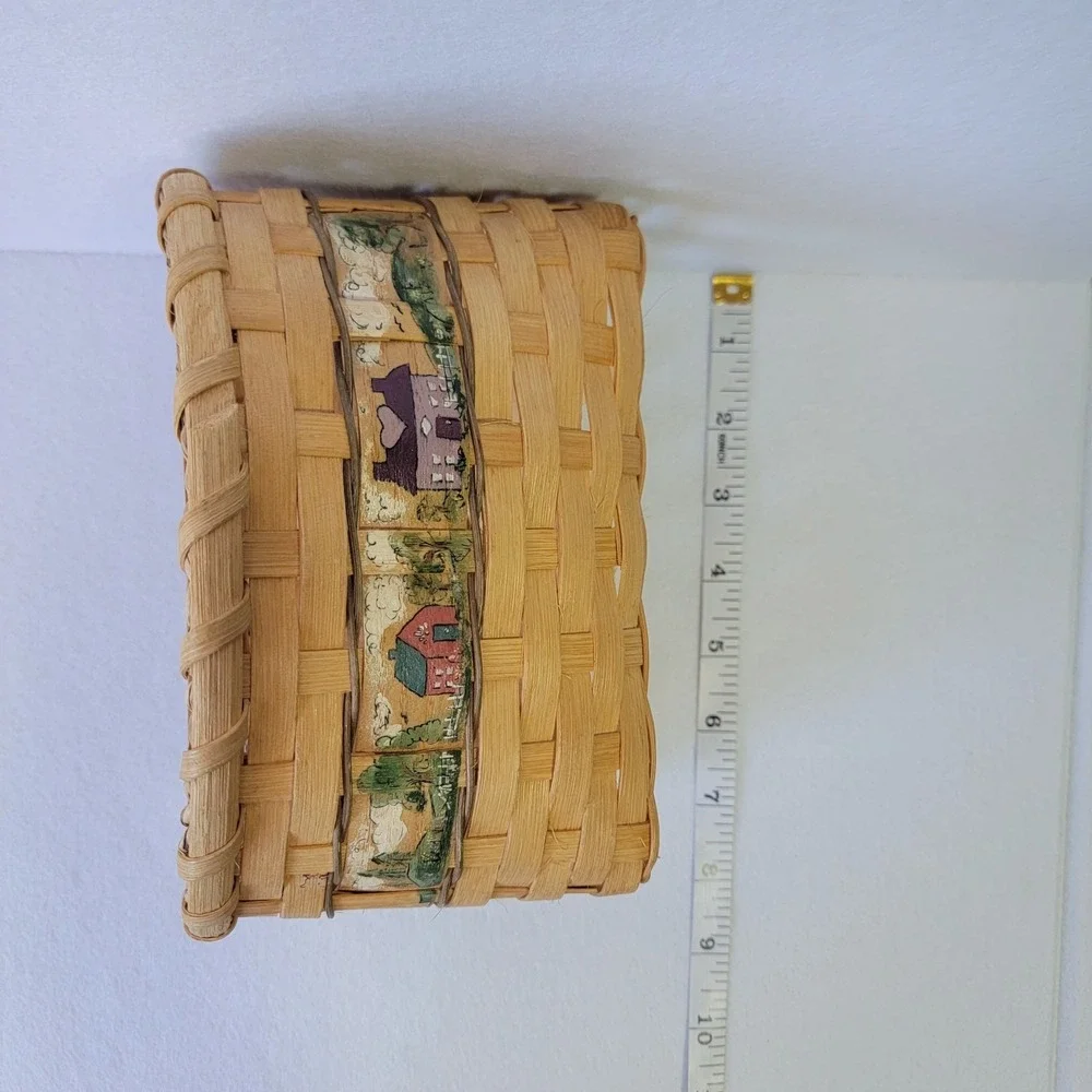 VTG 1992 Handwoven Basket Signed Artisan Farmhouse Decor Painted Scene Woven